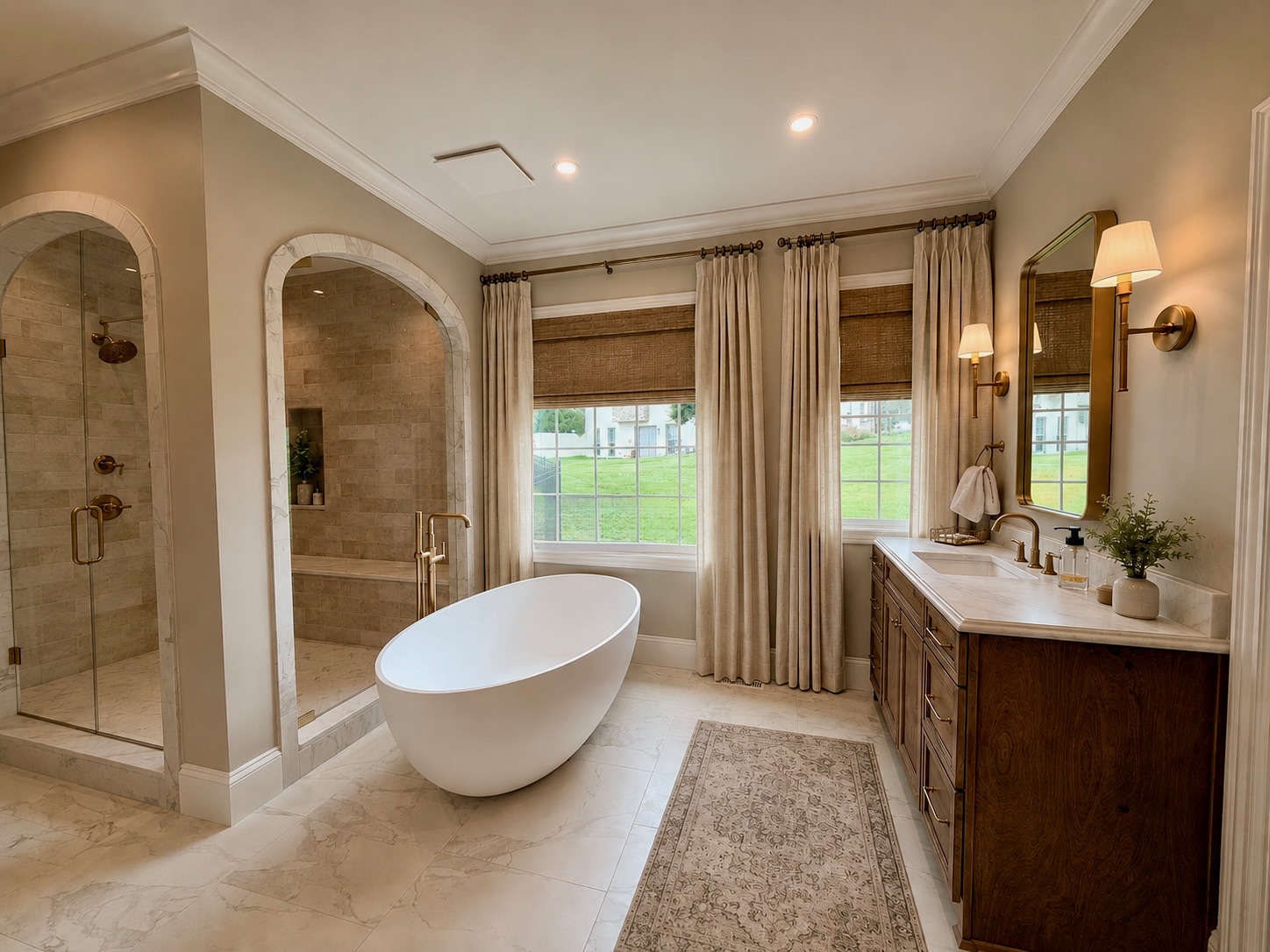 Primary bathroom remodeled by Collett Construction, featuring arched marble shower portals, a freestanding soaking tub, and a walnut vanity